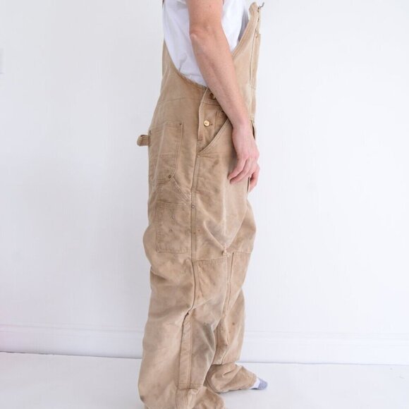 '06 Carhartt Distressed W/ Paint Splatter Tan Quilt Lined Overalls 40x36 USA - Picture 3 of 15
